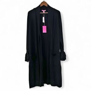 NWT Isaac Mizrahi Long Open Front Cardigan Size XL in Black, Trumpet Sleeves